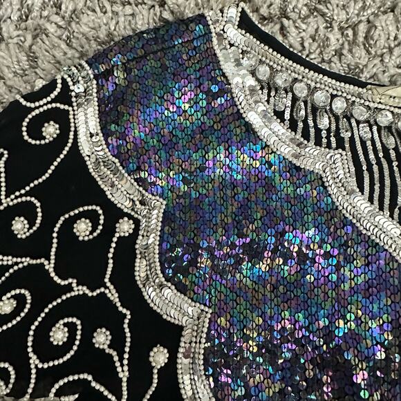 Vintage 80s Frank Usher Black Silk Heavily Sequin Beaded Blouse Evening Top M - Picture 5 of 10